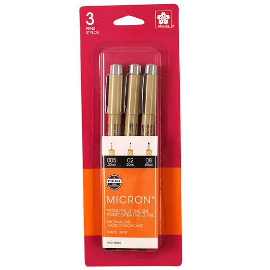 Pigma Micron Pens, Gray & Black, Assorted Sizes, 3-Set, Blister Card