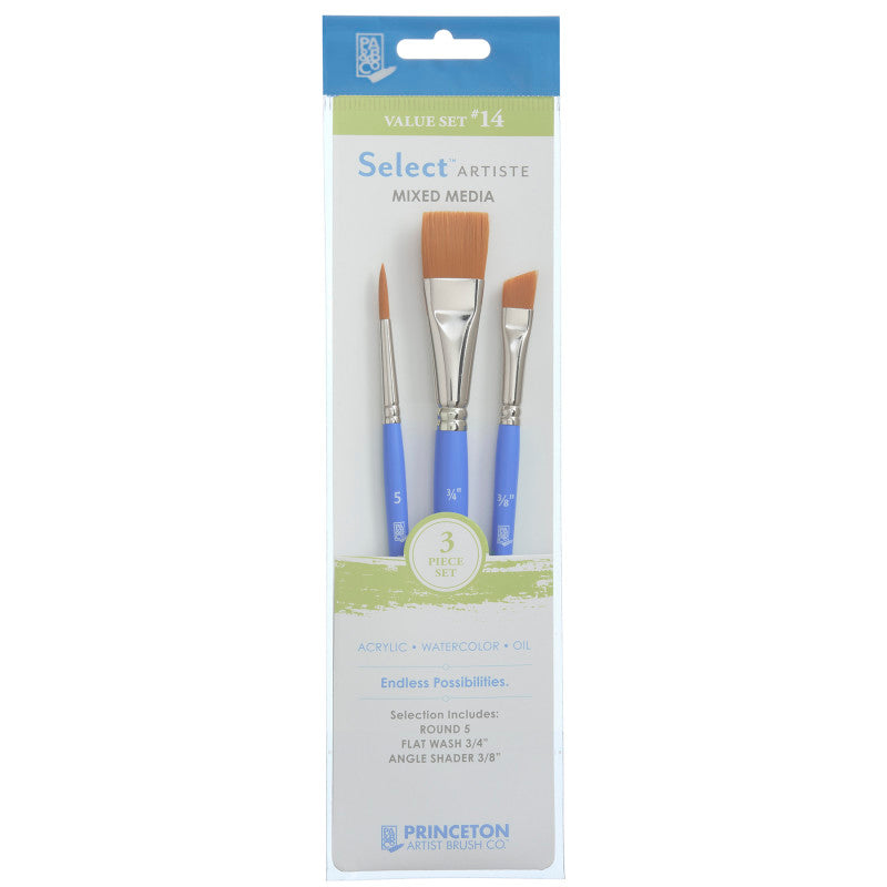 Select Artiste Brush Set No. 14, Synthetic Bristles, Short Handle Mixed Media Paintbrush, Jewel Blue, 3 Pieces