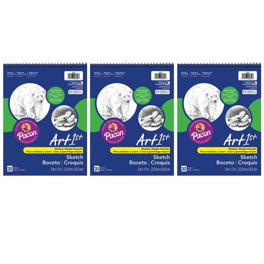 Sketch Book, Standard Weight, 9" x 12", 30 Sheets Per Book, 3 Books