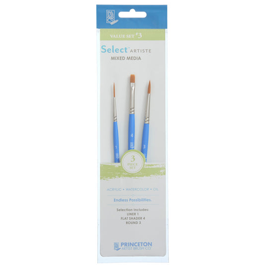 Select Artiste Brush Set No. 3, Synthetic Bristles, Short Handle Mixed Media Paintbrush, Jewel Blue, 3 Pieces