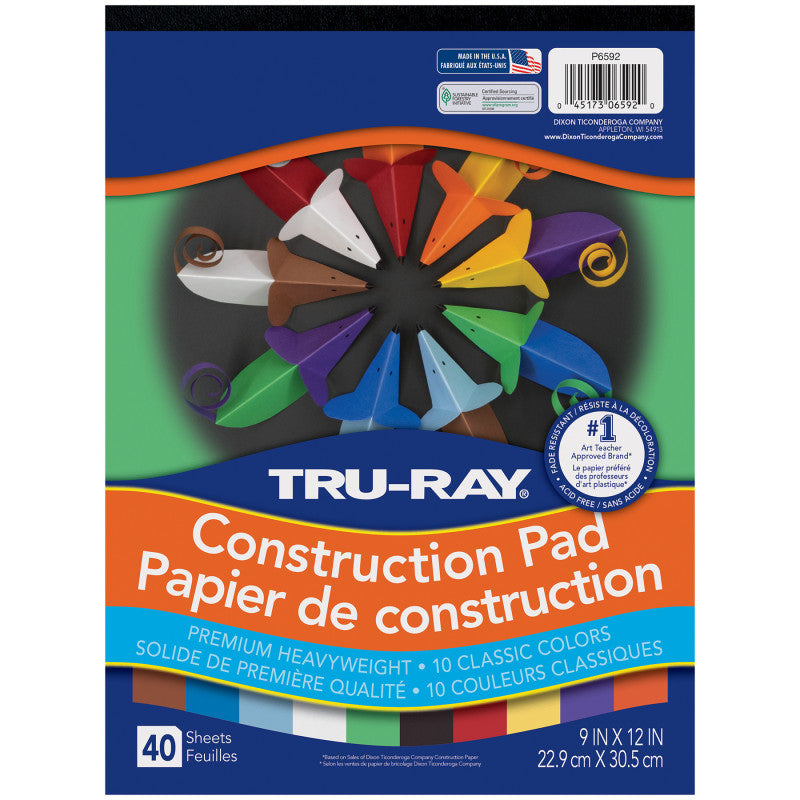 Construction Paper Pad, Heavyweight, 10 Classic Colors, 9" x 12", 40 Sheets