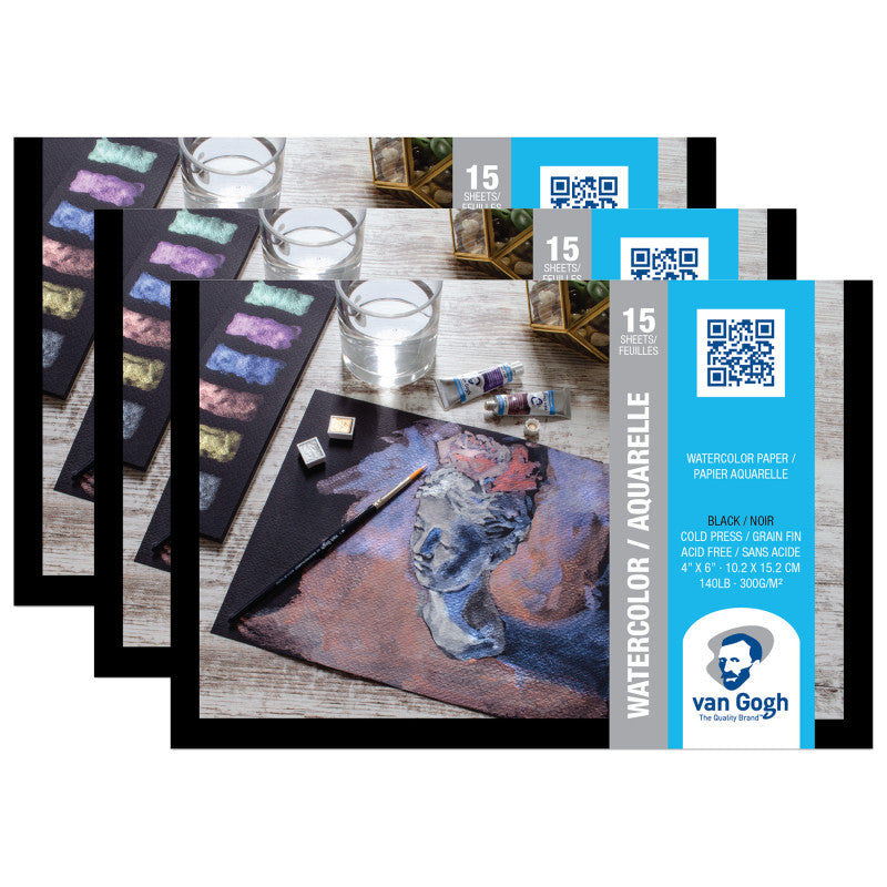 Watercolor Paper Pad, 140lbs, Black, Cold Press, 4" x 6", 15 Sheets, Pack of 3