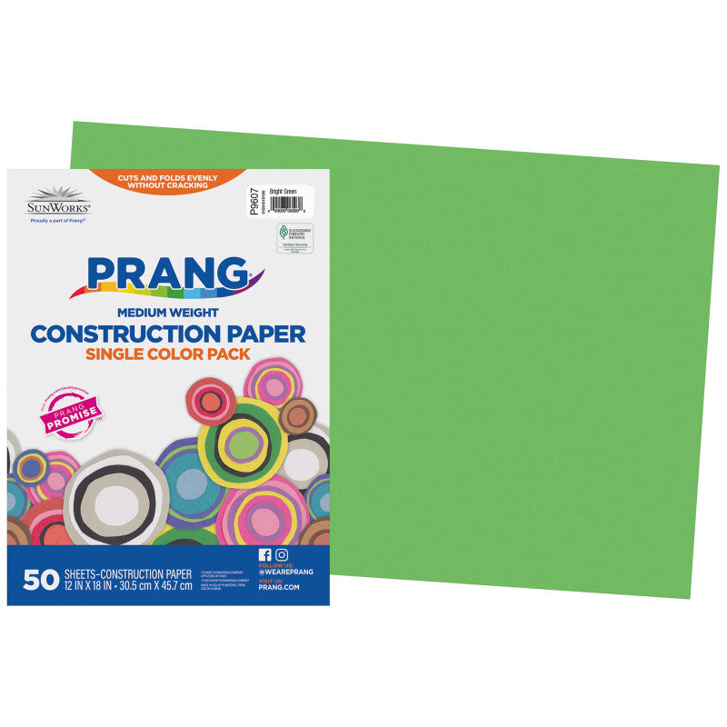 Construction Paper, Medium Weight, Bright Green, 12" x 18", 50 Sheets