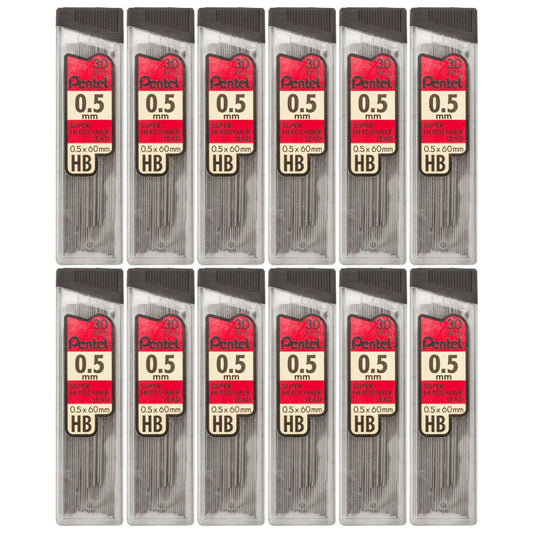 HB Super Hi-Polymer Leads, 0.5mm, Black, 30 Per Pack, 12 Packs