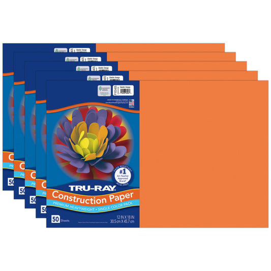 Construction Paper, Heavyweight, Electric Orange, 12" x 18", 50 Sheets Per Pack, 5 Packs