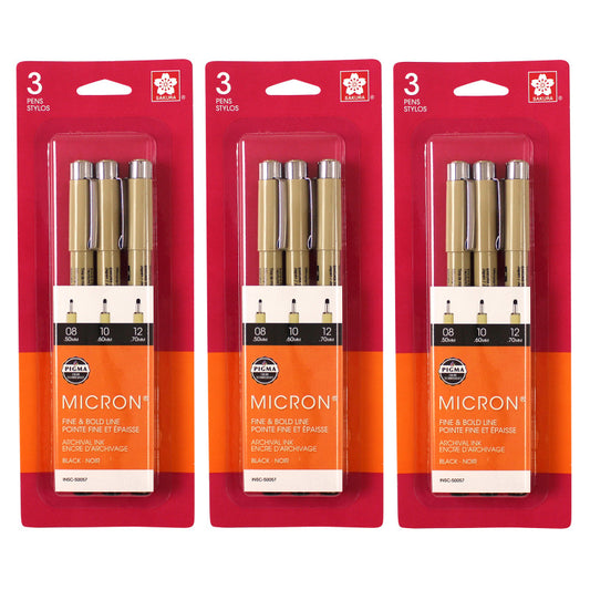 Pigma Micron Pens, Black, Assorted Sizes, 3 Per Set, 3 Sets