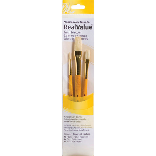 RealValue Brush Set, Natural Bristles, Short Handle Mixed Media Paintbrush, Yellow, 3 Pieces
