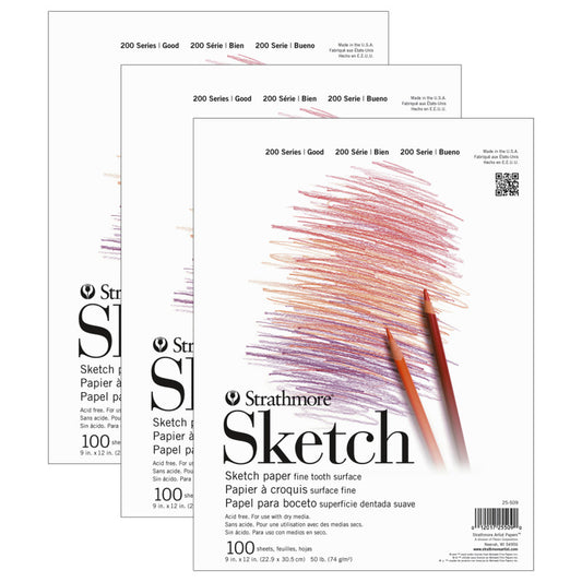 200 Series Sketch Pad, Tape Binding, 100 Sheet, 9x12 inch, Pack of 3