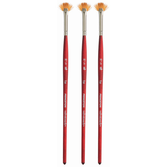 Velvetouch Fan Brush, Synthetic Bristles, Short Handle Mixed Media Paintbrush, Scarlet, Size 10/0, Pack of 3