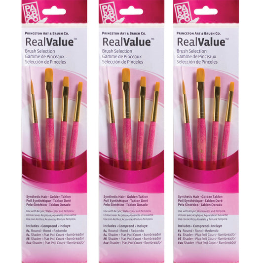 RealValue Brush Set, Gold Taklon Bristles, Short Handle Mixed Media Paintbrush, Pink, 4 Per Set, 3 Sets