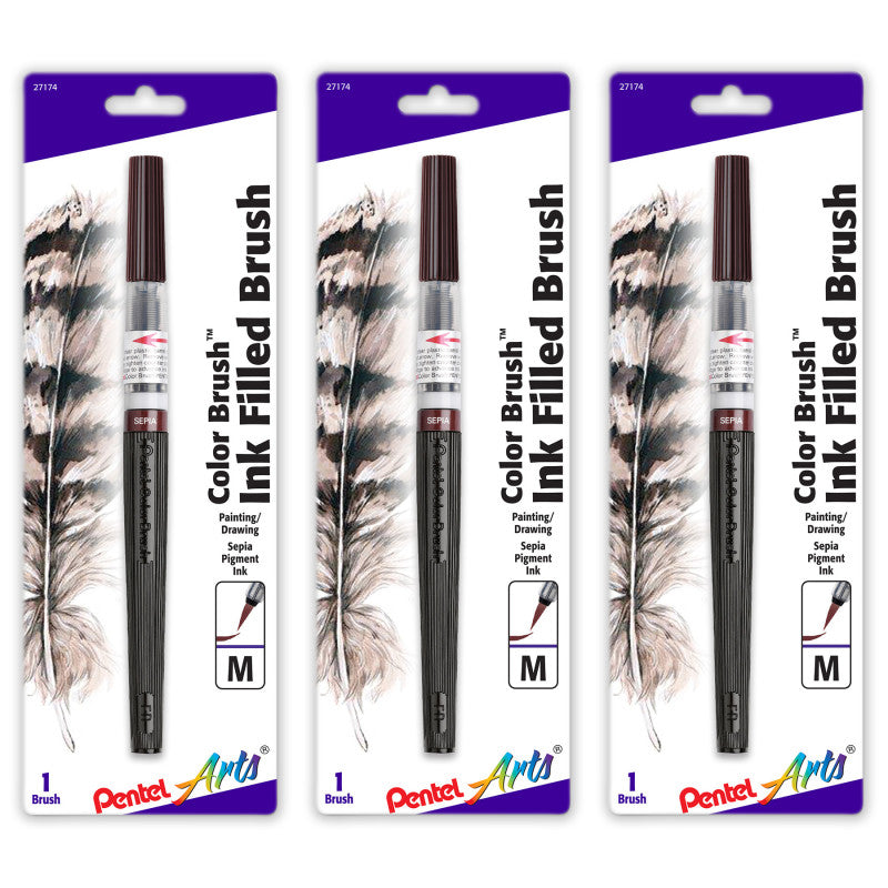 Color Brush with Water-Based Ink, Medium Tip, Sepia, Pack of 3