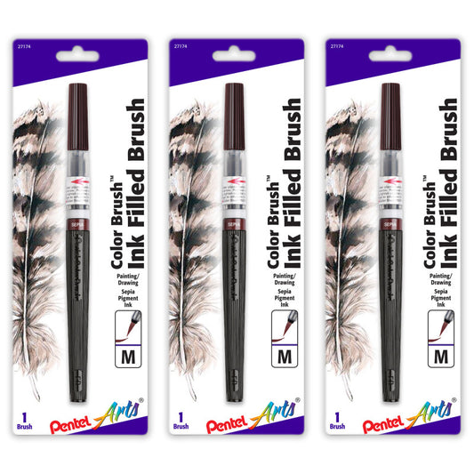 Color Brush with Water-Based Ink, Medium Tip, Sepia, Pack of 3