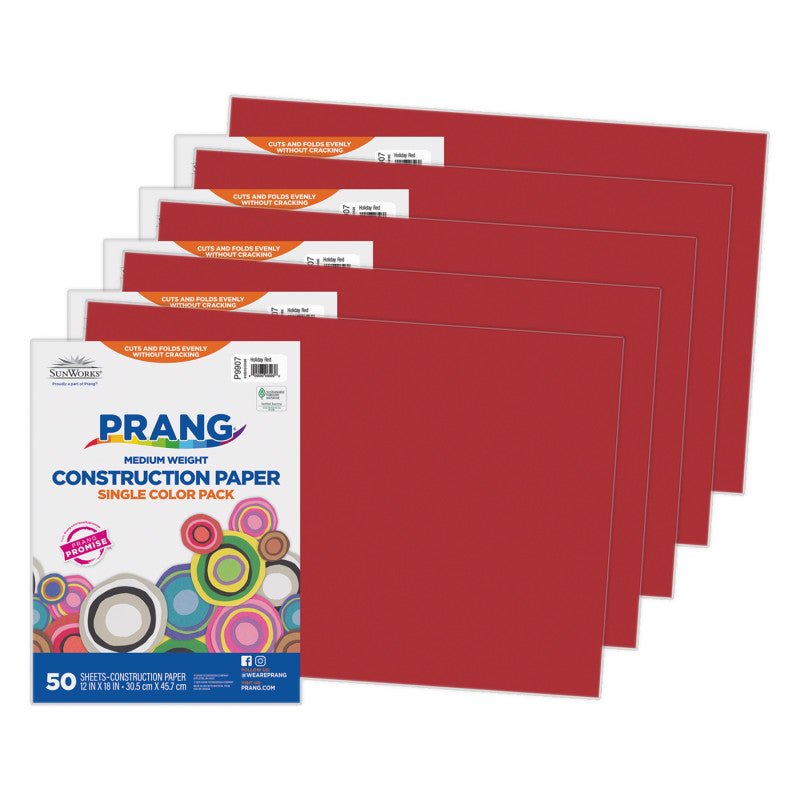 Construction Paper, Medium Weight, Holiday Red, 12" x 18", 50 Sheets Per Pack, 5 Packs