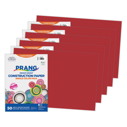 Construction Paper, Medium Weight, Holiday Red, 12" x 18", 50 Sheets Per Pack, 5 Packs