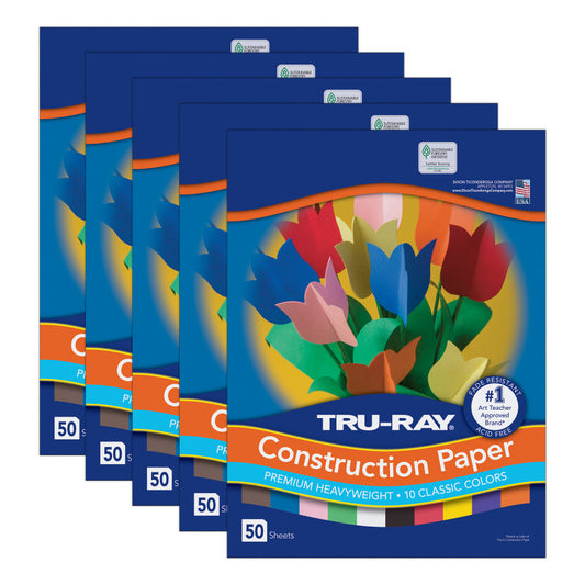Construction Paper, Heavyweight, 10 Classic Colors Assorted, 12" x 18", 50 Sheets Per Pack, 5 Packs