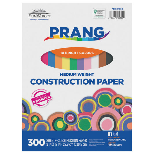 Construction Paper, Medium Weight, 10 Assorted Colors, 9" x 12", 300 Sheets