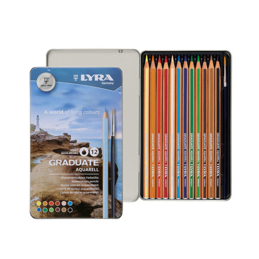 Graduate Watercolor Pencils Set Tin with Brush, Assorted Colors, 12 Pieces