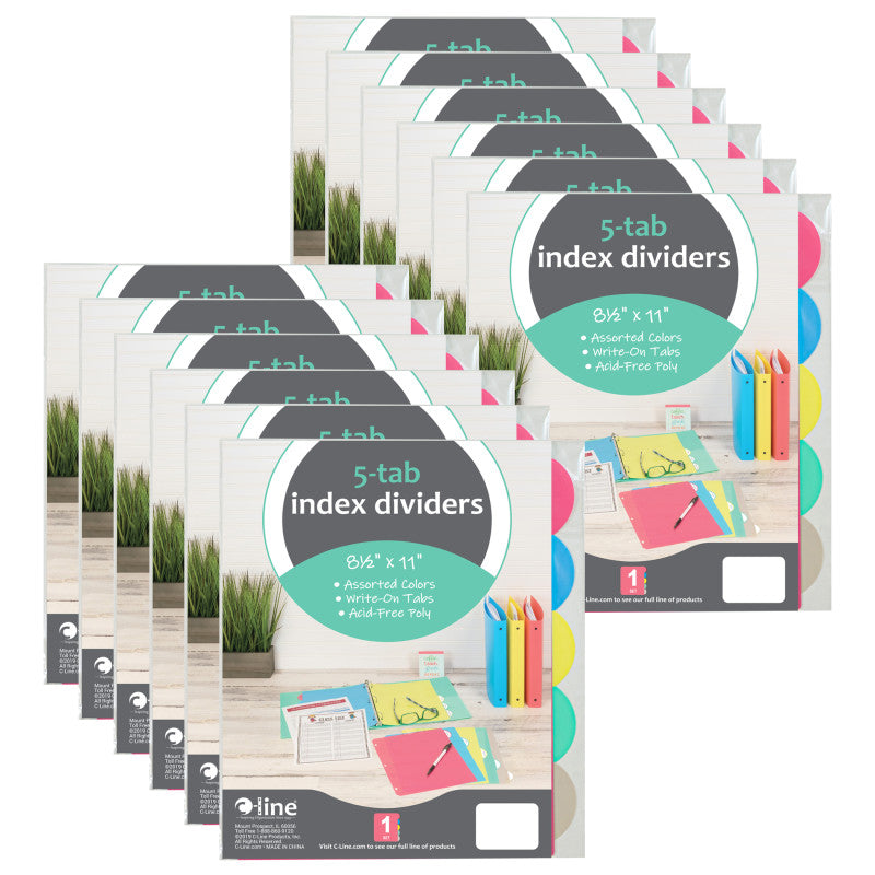 5-Tab Poly Binder Index Dividers, Assorted, 5 Per Set, 12 Sets