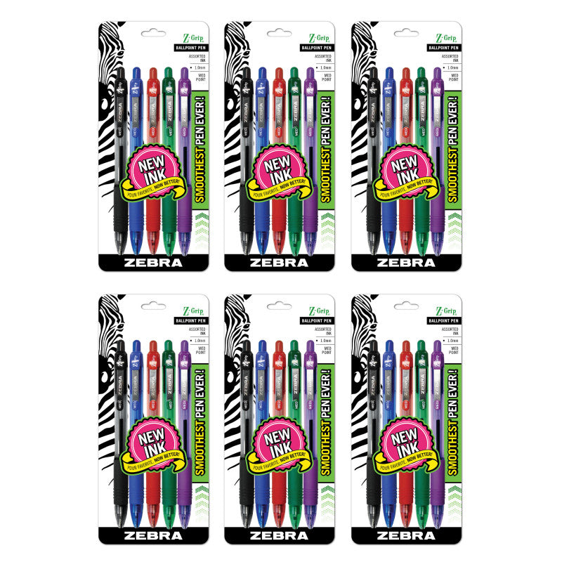 Z-Grip® Ballpoint Retractable Pen, 1.0mm, Assorted, 5 Per Pack, 6 Packs