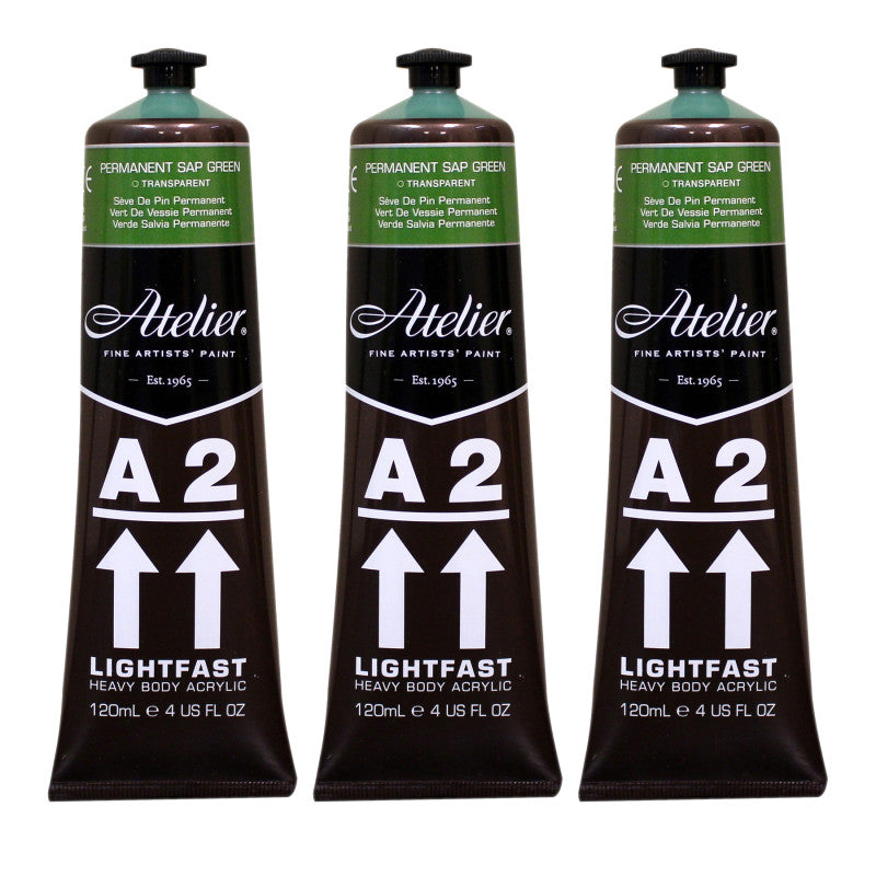 A2 Heavy Body Lightfast Artist Acrylic, 4 oz., Permanent Sap Green, Pack of 3