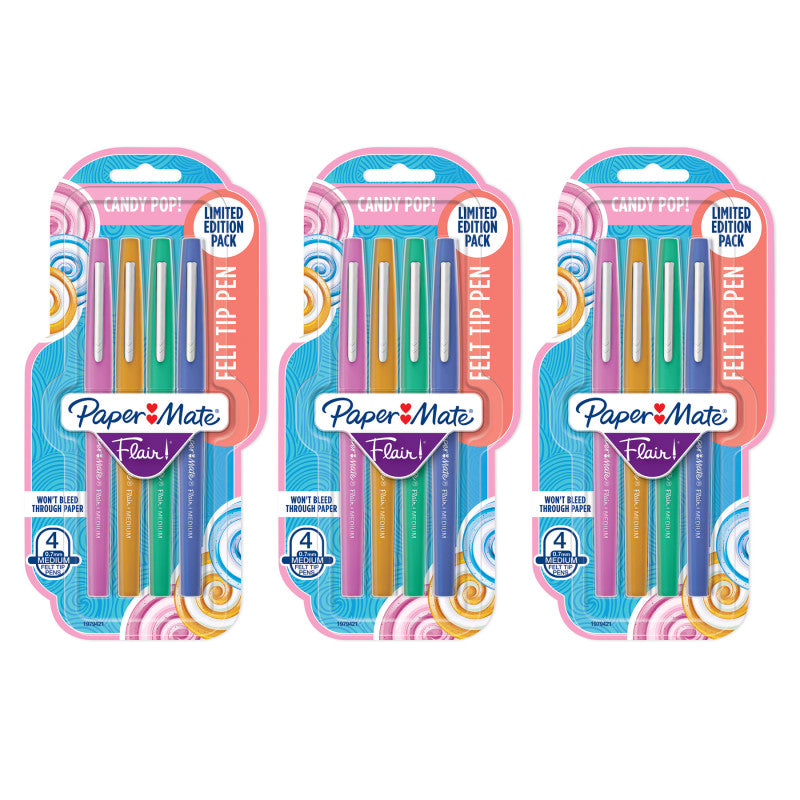 Flair Felt Tip Pens, Medium Point, Candy Pop Pack, 4 Per Pack, 3 Packs