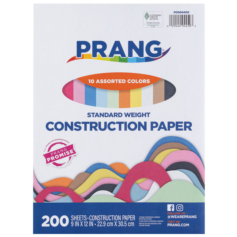 Construction Paper, Standard Weight, 10 Assorted Colors, 9" x 12", 200 Sheets