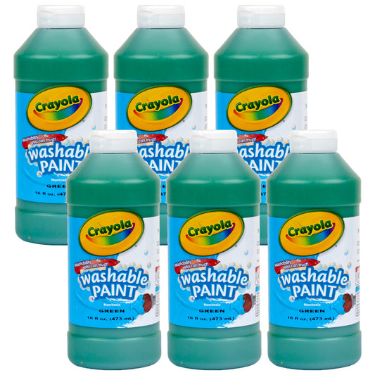 Washable Paint, Green, 16 oz. Bottles, Pack of 6