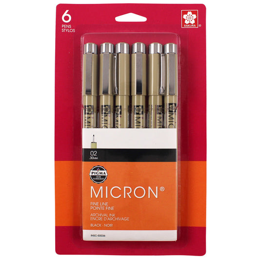 Pigma Micron Pens, Black, Size 02, 6-Pack, Blister Card