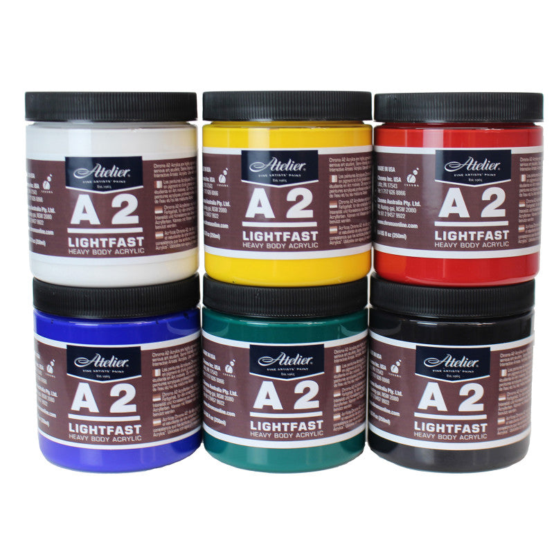 A2 Heavy Body Lightfast Artist Acrylic, 237 ml Jars, 6 Color Set