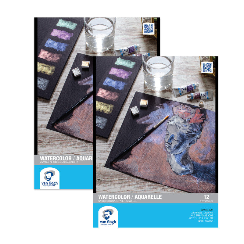 Watercolor Paper Pad, 140lbs, Black, Cold Press, 11" x 15", 12 Sheets, Pack of 2