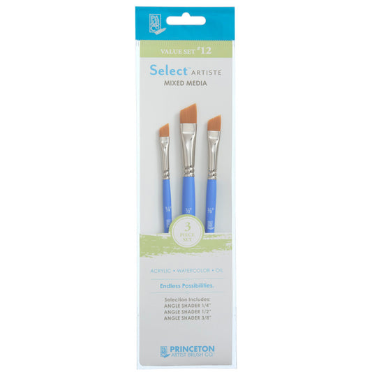 Select Artiste Brush Set No. 12, Synthetic Bristles, Short Handle Mixed Media Paintbrush, Jewel Blue, 3 Pieces
