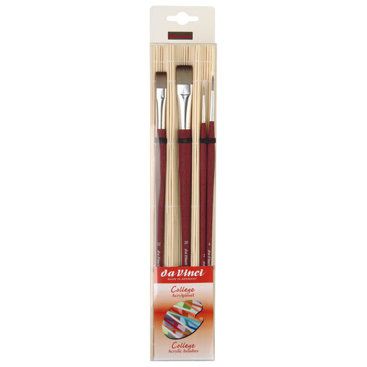 COLLEGE Student Brush, Synthetic, Acrylic & Oil, Assorted, 4 Brush Set in Bamboo Carrier
