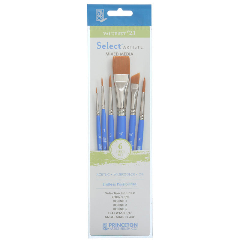 Select Artiste Brush Set No. 21, Synthetic Bristles, Short Handle Mixed Media Paintbrush, Jewel Blue, 6 Pieces