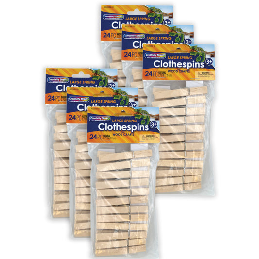 Spring Clothespins, Natural, Large, 2.75", 24 Per Pack, 6 Packs