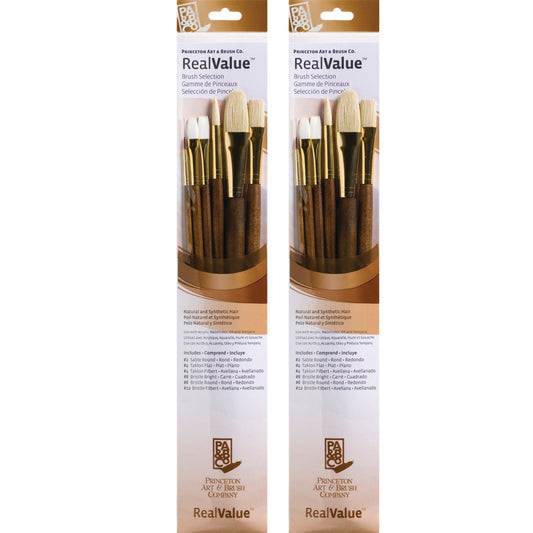 RealValue Brush Set, Natural Bristles, Long Handle Mixed Media Paintbrush, Brown, 6 Per Set, 2 Sets