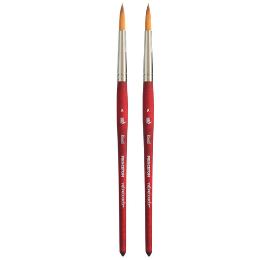 Velvetouch Round Brush, Synthetic Bristles, Short Handle Mixed Media Paintbrush, Scarlet, Size 8, Pack of 2