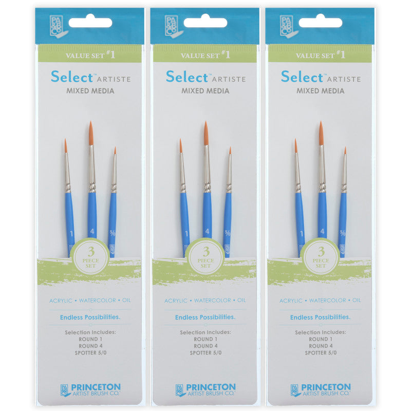 Select Artiste Brush Set No. 1, Synthetic Bristles, Short Handle Mixed Media Paintbrush, Jewel Blue, 3 Per Set, 3 Sets
