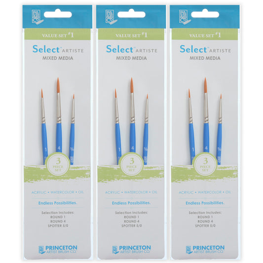 Select Artiste Brush Set No. 1, Synthetic Bristles, Short Handle Mixed Media Paintbrush, Jewel Blue, 3 Per Set, 3 Sets