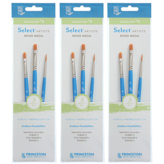 Select Artiste Brush Set No. 4, Synthetic Bristles, Short Handle Mixed Media Paintbrush, Jewel Blue, 3 Per Set, 3 Sets