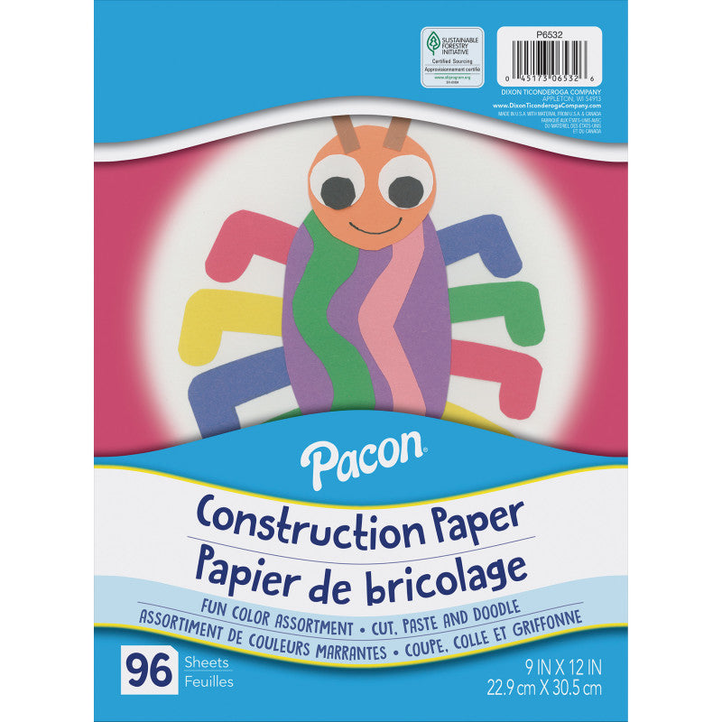 Construction Paper, Lightweight, Assorted Colors, 9" x 12", 96 Sheets