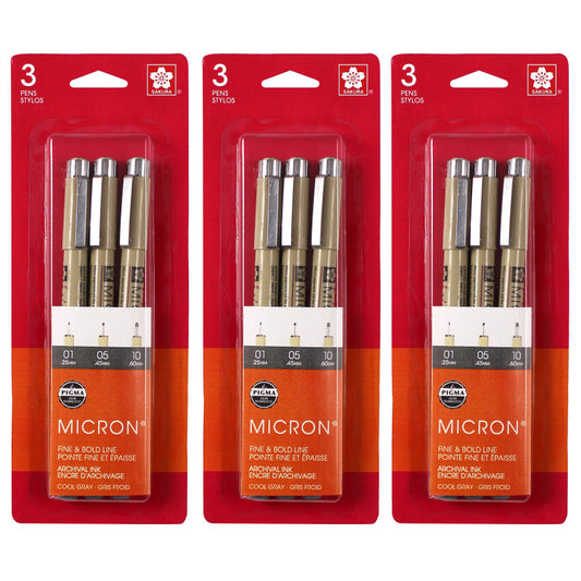 Pigma Micron Pens, Cool Gray, Assorted Sizes, 3 Per Set, 3 Sets