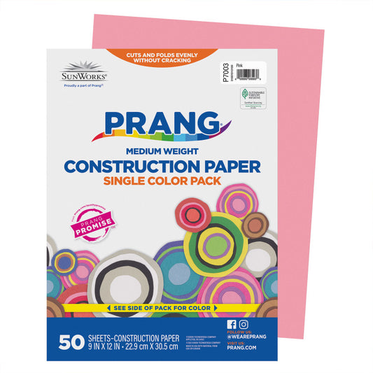 Construction Paper, Medium Weight, Pink, 9" x 12", 50 Sheets
