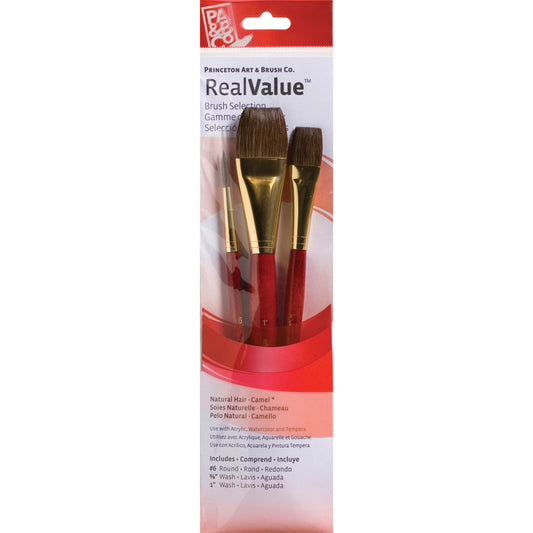 RealValue Brush Set, Camel Bristles, Short Handle Mixed Media Paintbrush, Red, 3 Pieces