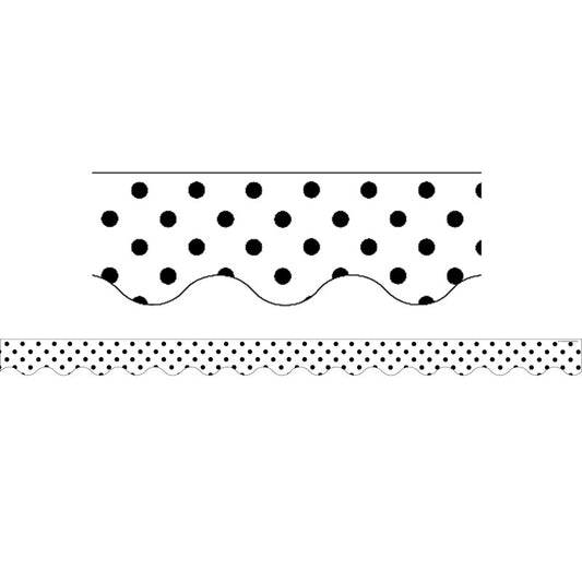 Black Polka Dots on White Scalloped Border Trim, 35 Feet
