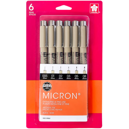 Pigma Micron Pens, Black, Assorted Sizes, 6-Piece Set, Blister Card
