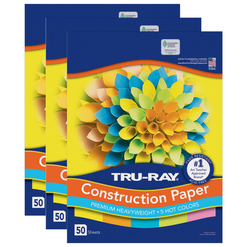 Construction Paper, Heavyweight, 5 Assorted Hot Colors, 12" x 18", 50 Sheets Per Pack, 3 Packs
