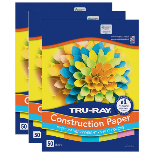 Construction Paper, Heavyweight, 5 Assorted Hot Colors, 12" x 18", 50 Sheets Per Pack, 3 Packs