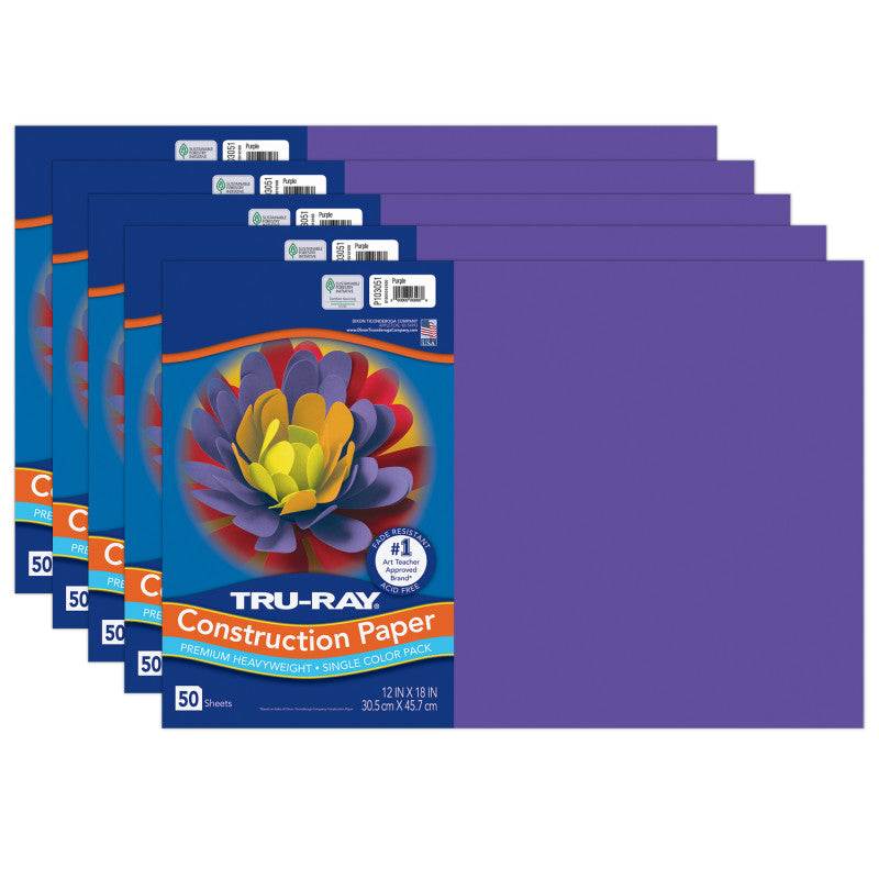 Construction Paper, Heavyweight, Purple, 12" x 18", 50 Sheets Per Pack, 5 Packs
