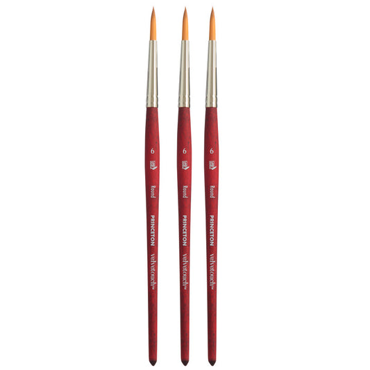 Velvetouch Round Brush, Synthetic Bristles, Short Handle Mixed Media Paintbrush, Scarlet, Size 6, Pack of 3