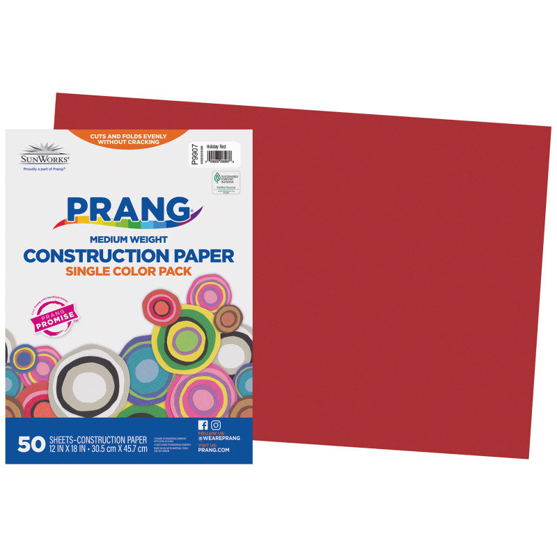 Construction Paper, Medium Weight, Holiday Red, 12" x 18", 50 Sheets